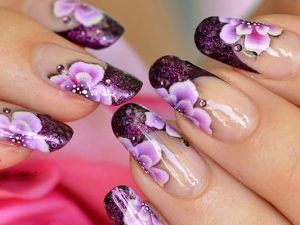 Purple one stroke floral nail art designs
