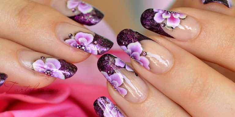 Purple one stroke floral nail art designs