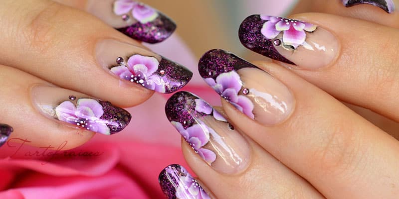 Purple one stroke floral nail art designs