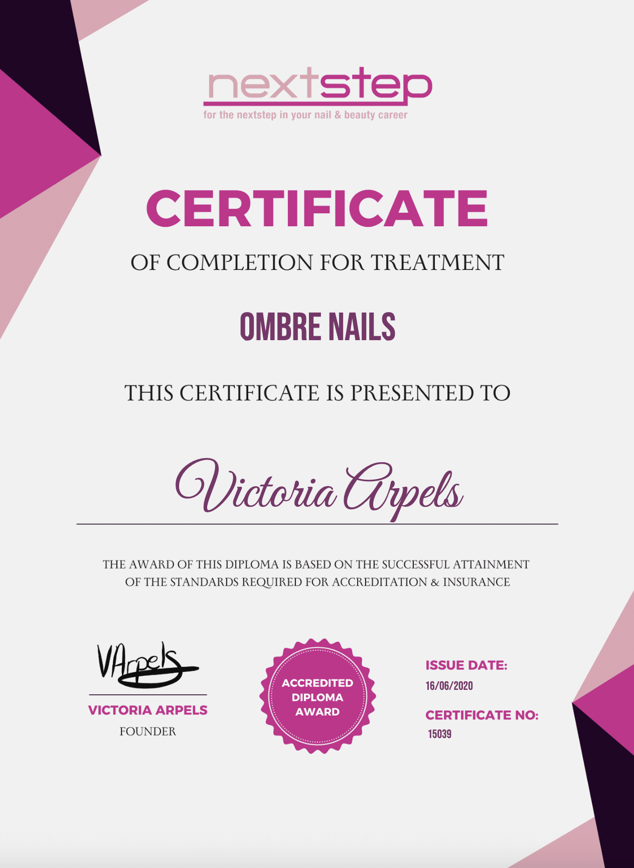 Sample Next Step Beauty certificate of completion showing the treatment, student name, accredited diploma seal, issue date and certificate number