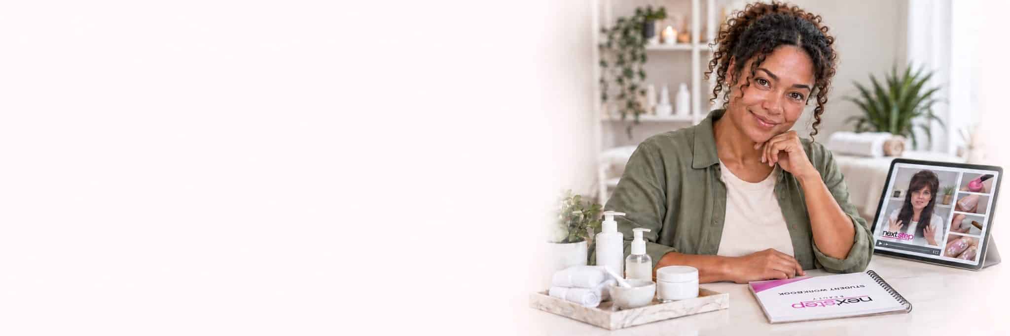 A beauty therapist working through a Next Step Beauty workbook with a tutorial playing on a tablet