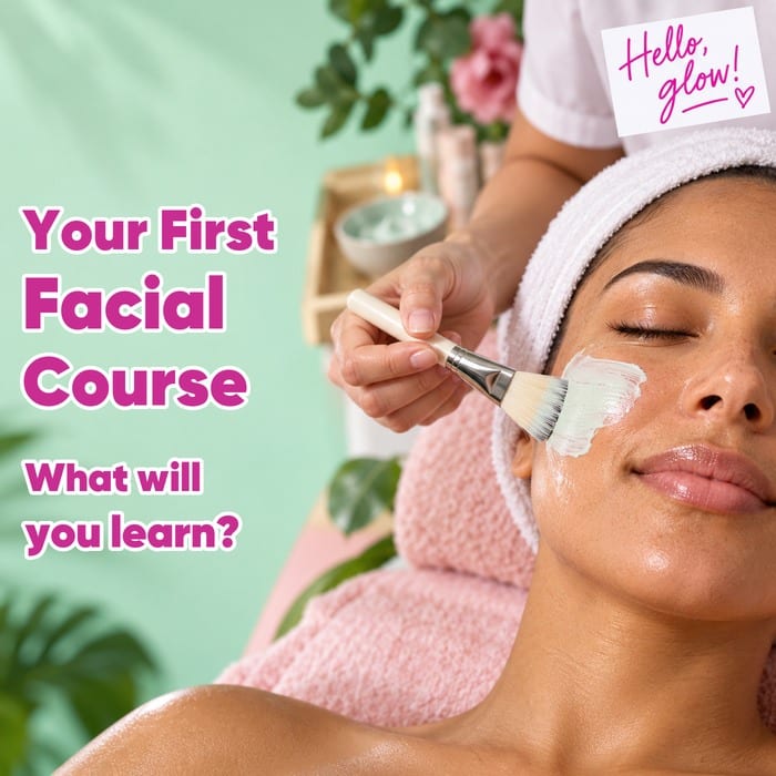 Facial mask being applied to a woman’s cheek, with “Your First Facial Course”, “What will you learn?” and “Hello, glow!”