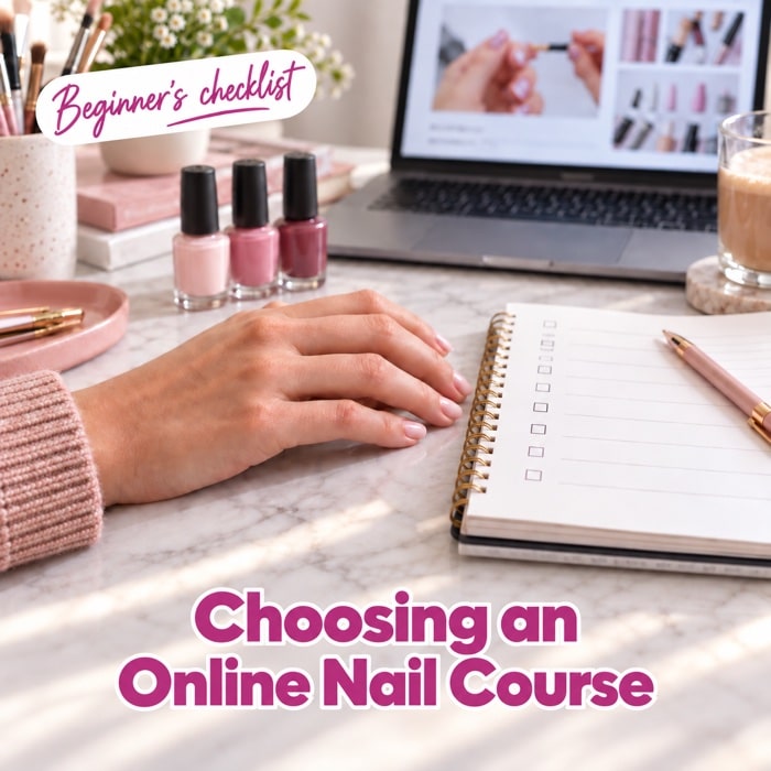 Manicured hand beside a laptop and notebook, with the heading “Choosing an Online Nail Course” and “Beginner’s checklist”.