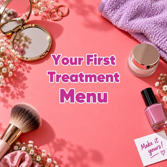 Beauty brush, mirror, skincare jar, nail polish and lilac towel around “Your First Treatment Menu” and “Make it yours!”