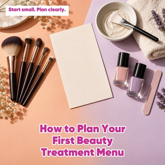 Makeup brushes, a facial bowl and nail polish around a blank card, with “How to Plan Your First Beauty Treatment Menu” and “Start small. Plan clearly.”