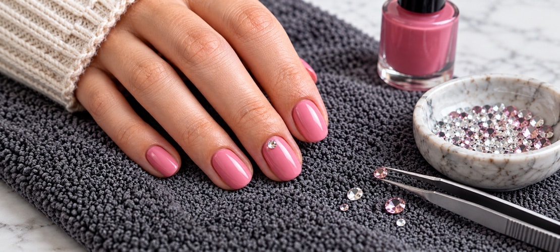 Glossy pink nails with a small crystal gem beside loose gems and tweezers.