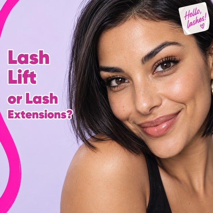 Close-up of a smiling woman with defined lashes, beside “Lash Lift or Lash Extensions?” and a “Hello, lashes!” label.