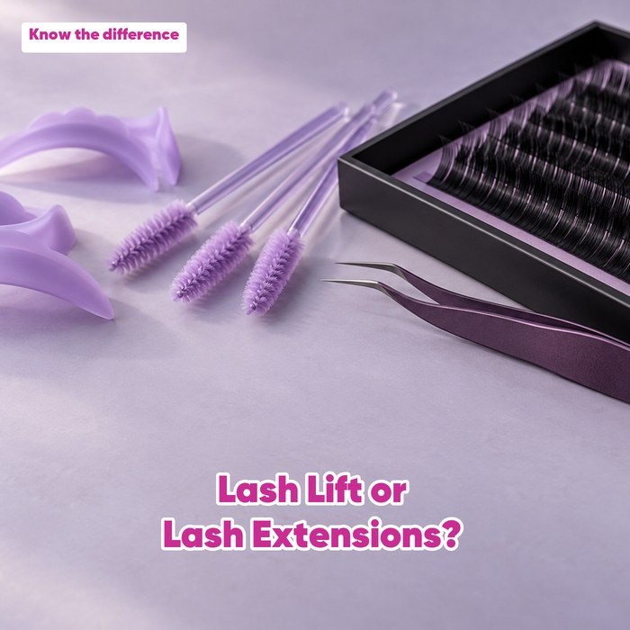 Silicone lash shields, spoolie brushes and an extension tray, with the heading “Lash Lift or Lash Extensions?” and “Know the difference”.