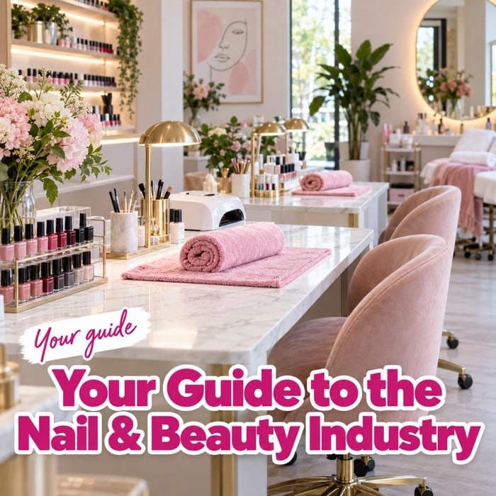 Nail and beauty salon interior with manicure desks, pink towels, polish displays and treatment beds. Headline: “Your Guide to the Nail & Beauty Industry”.