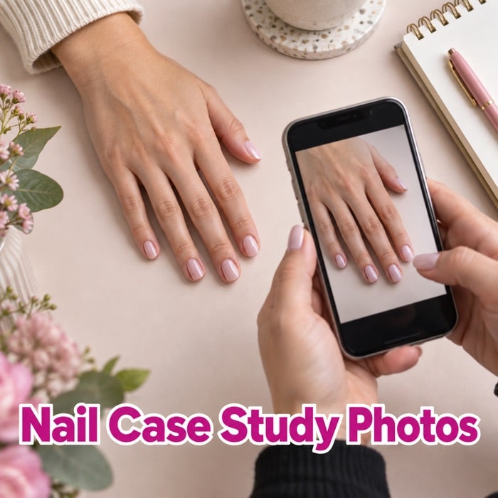 A smartphone photographing a pale pink manicure, with the heading “Nail Case Study Photos”.