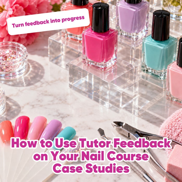 Colourful nail polish bottles, practice swatches and manicure tools, with “How to Use Tutor Feedback on Your Nail Course Case Studies” and “Turn feedback into progress”.