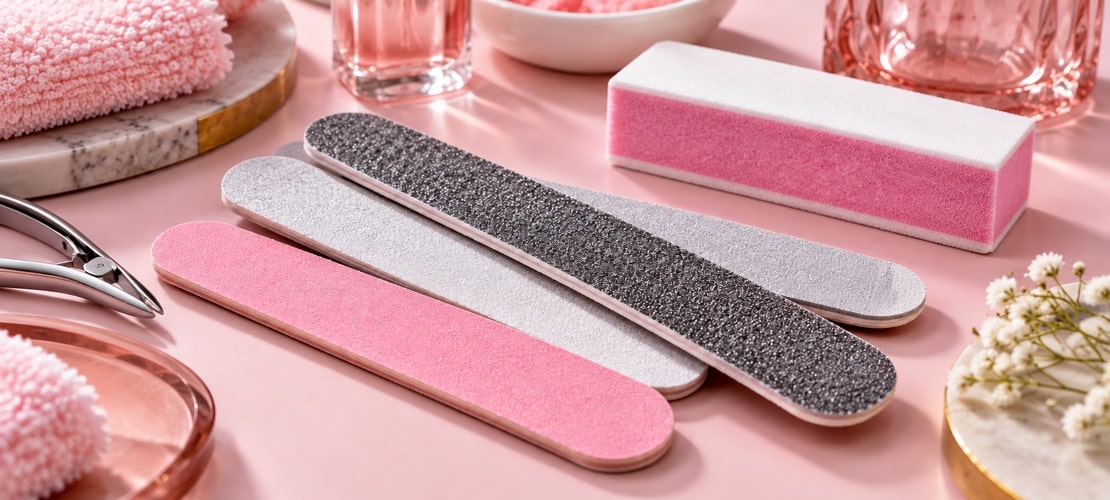 Nail files and a buffer showing contrasting abrasive textures on a pink manicure desk.