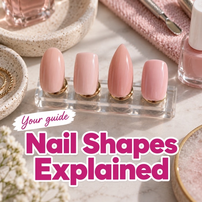 Four pink nail display tips showing different shapes on a clear stand. Headline: “Nail Shapes Explained”.