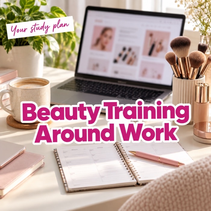 Laptop, planner and makeup brushes on a desk, with the words “Beauty Training Around Work” and “Your study plan”.