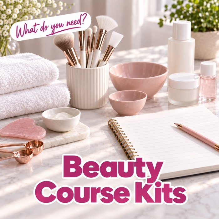 Beauty brushes, towels, bowls and a notebook with the headings “Beauty Course Kits” and “What do you need?”