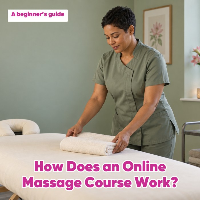 Practitioner preparing a massage couch, with the words “How Does an Online Massage Course Work?” and “A beginner’s guide”.