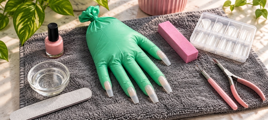 A filled green glove with practice nail tips on a grey towel beside manicure tools.