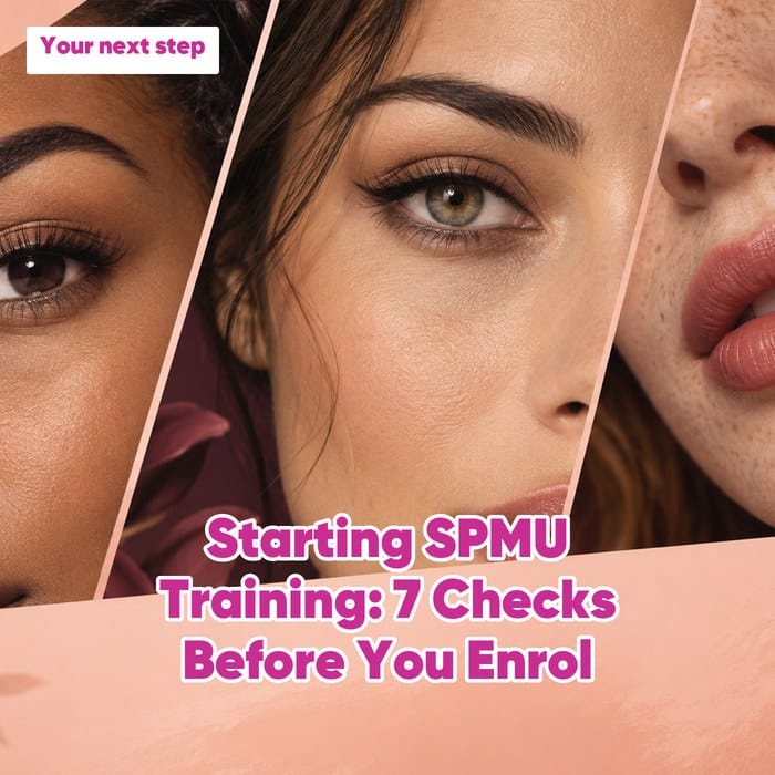 Beauty collage of brows, eyes and lips with the heading “Starting SPMU Training: 7 Checks Before You Enrol” and “Your next step”.