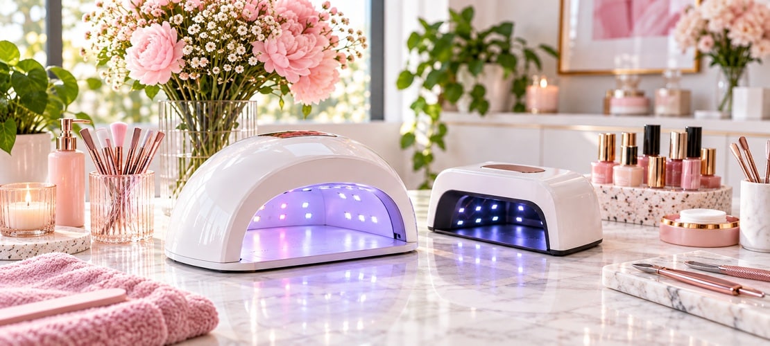 Two white nail-curing lamps on a tidy manicure desk.