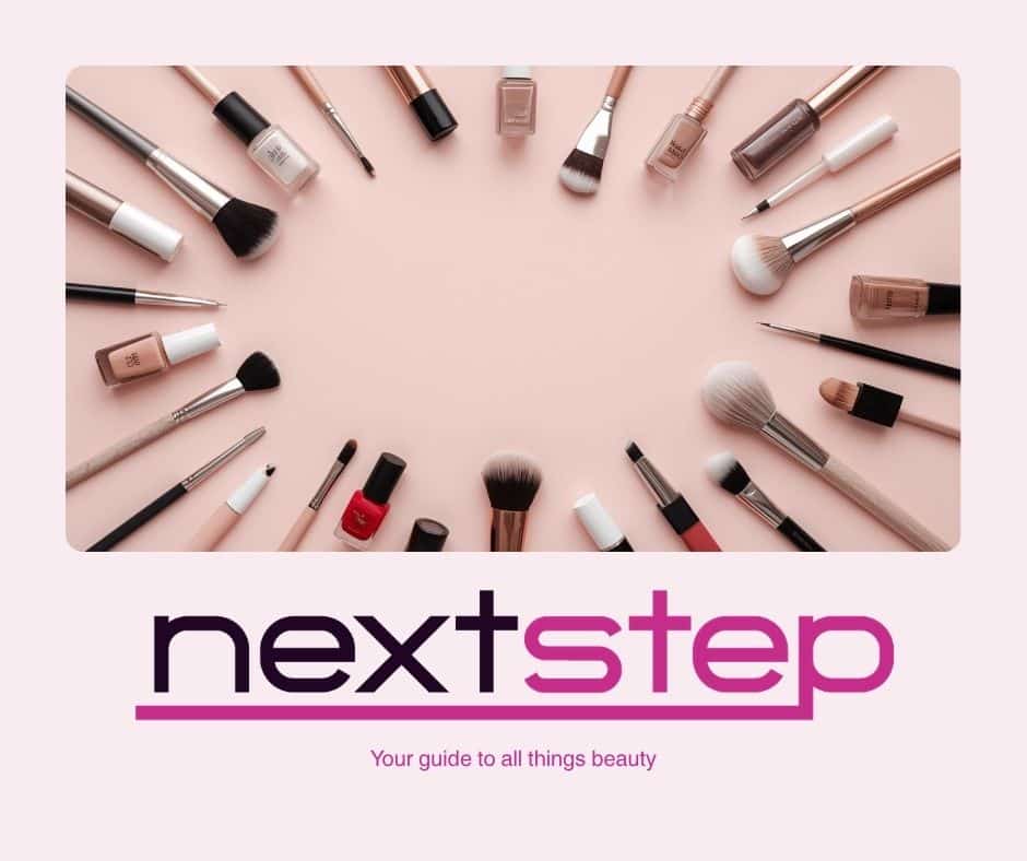 Makeup brushes, nail polish bottles and beauty tools arranged in a ring on a blush-pink background, above the nextstep logo and the words “Your guide to all things beauty”