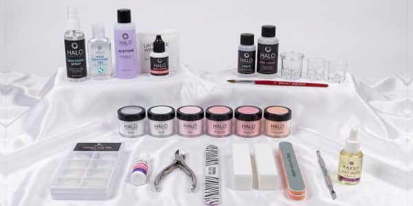 Acrylic Nail Kit: Halo acrylic powders, Halo Liquid and Mega Bond, acrylic brush, dappen dishes, nail tips and files