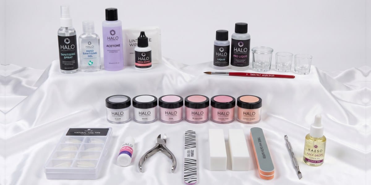 Acrylic Nail Kit: Halo acrylic powders, Halo Liquid and Mega Bond, acrylic brush, dappen dishes, nail tips and files
