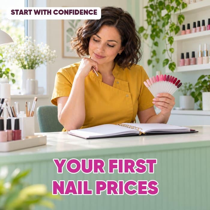 Nail technician with colour swatches and an appointment diary, with the words Your First Nail Prices and Start with Confidence.
