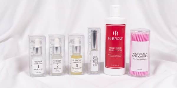 Brow Lamination Kit with Hi Brow lamination steps 1 to 3, adhesive, Freshening Rose Lotion and micro applicators