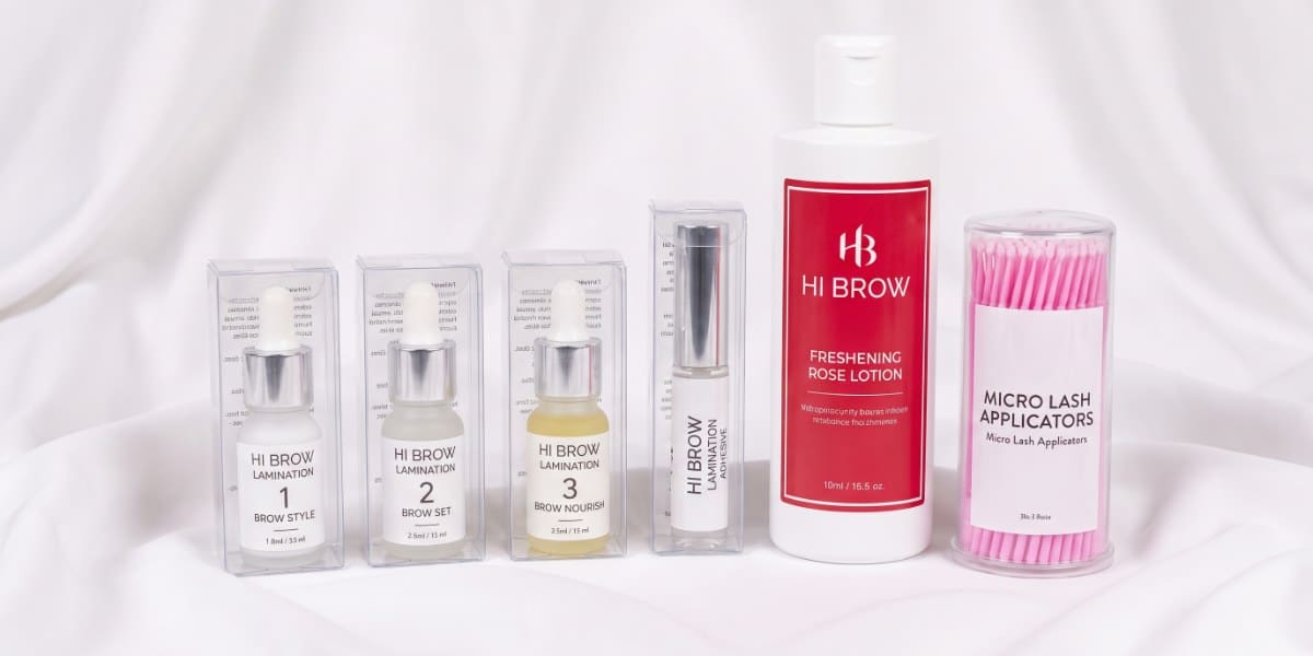 Brow Lamination Kit with Hi Brow lamination steps 1 to 3, adhesive, Freshening Rose Lotion and micro applicators