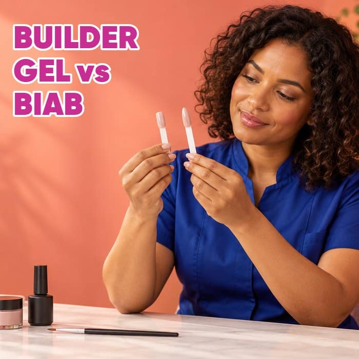 Woman holding nude nail swatches with the headline Builder Gel vs BIAB