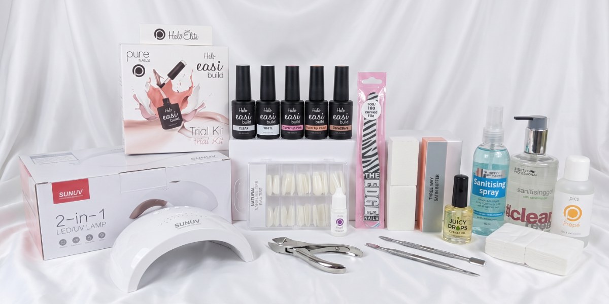 Builder in a Bottle Kit with SUNUV LED/UV lamp, Halo Easibuild trial kit, nail tips, files and prep products