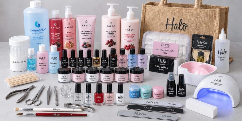 Complete Nail Kit contents: Halo acrylic powders, gel polishes, nail tips, forms, files, a UV lamp and Kaeso hand care