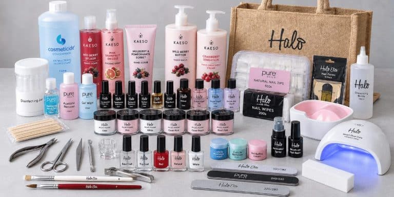Complete Nail Kit contents: Halo acrylic powders, gel polishes, nail tips, forms, files, a UV lamp and Kaeso hand care