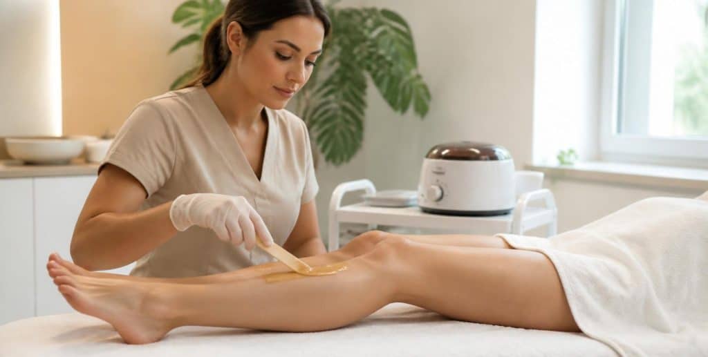 Complete Waxing Course — a therapist applying warm wax to a client’s lower leg