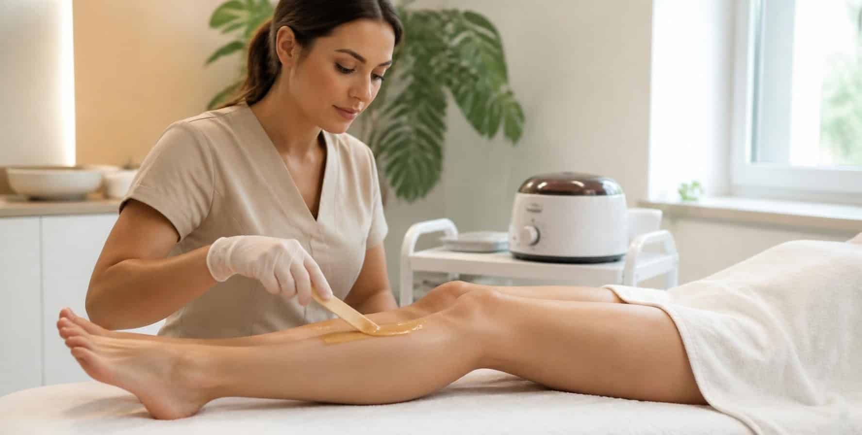 Complete Waxing Course — a therapist applying warm wax to a client’s lower leg