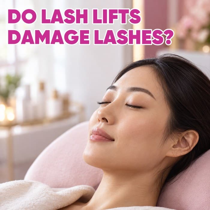 Woman resting with her eyes closed and natural eyelashes visible, with the headline Do Lash Lifts Damage Lashes?
