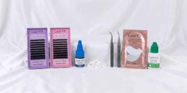 Eyelash Extensions Kit: Lash FX B curl lashes, sensitive adhesive, tweezers, under-eye gel patches and remover