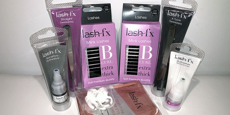 Eyelash Extensions Kit contents: Lash FX mink lash trays, adhesive, remover, tweezers and under-eye patches