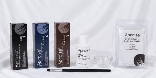 Eyelash Tinting Kit: Apraise black, blue black and dark brown tints, developer, mixing dish, brush and eye shields