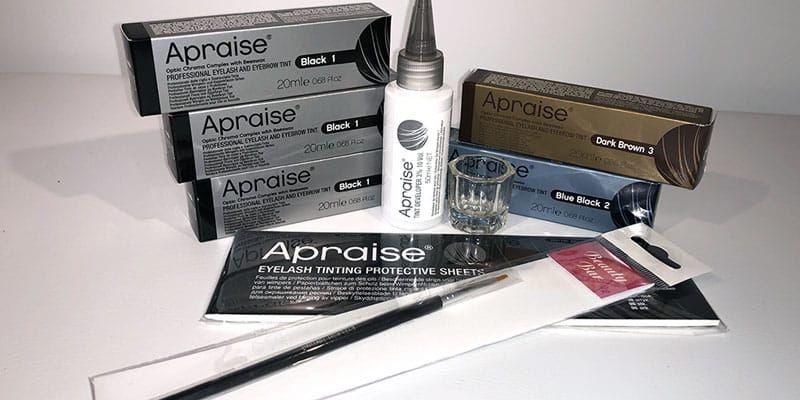 Eyelash Tinting Kit contents: Apraise tints in black, blue black and dark brown, tint developer and a glass dish