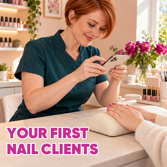Nail technician photographing pink manicured nails, with the headline Your First Nail Clients.