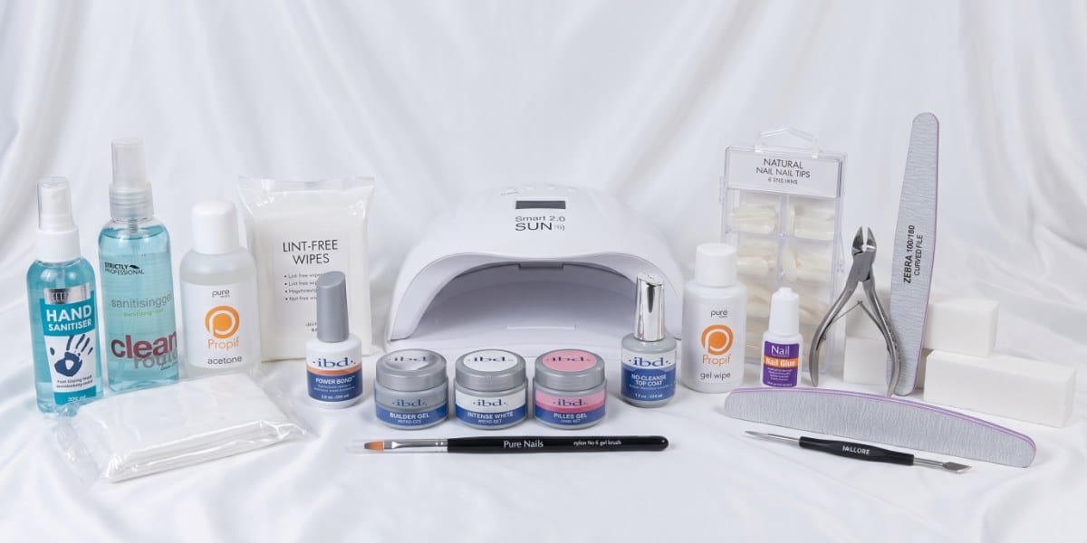Gel Extensions Kit: IBD Builder Gel set, IBD Power Bond, LED lamp, Pure Nails gel brush, nail tips and files