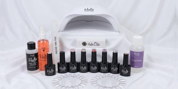 Gel Polish Kit: Halo LED lamp, base coat, six Halo gel polish colours, top coat, prep, acetone and colour wheels