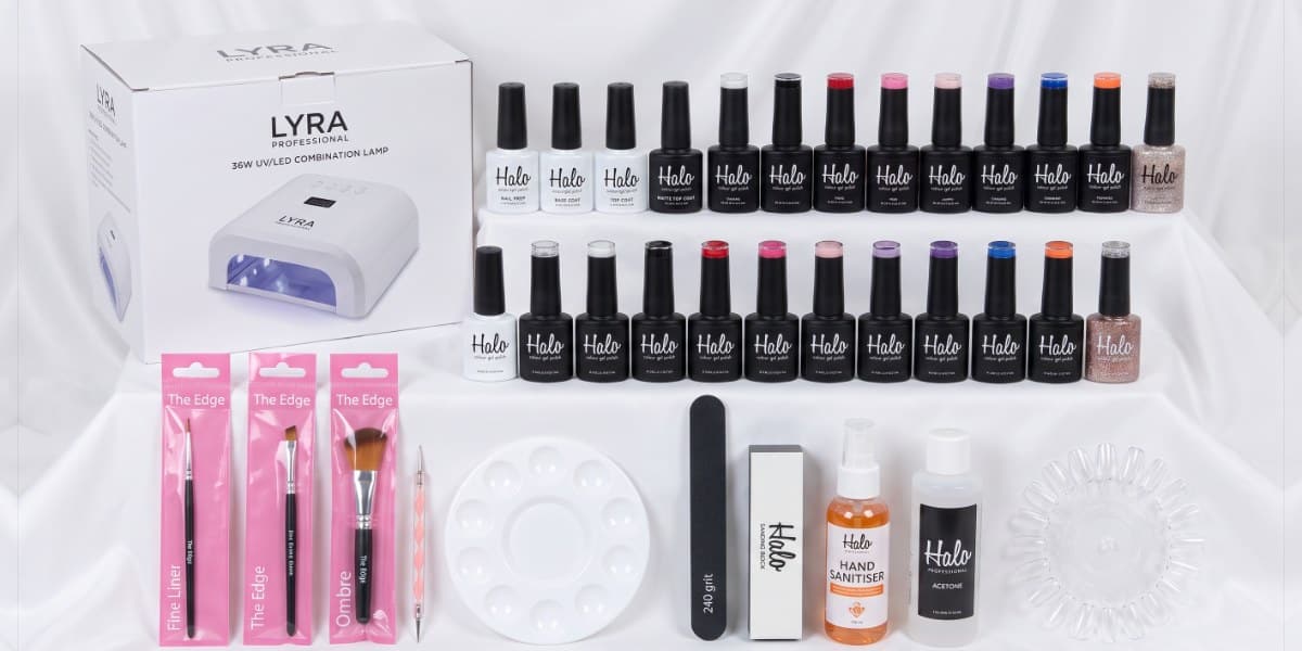 Gel Polish Nail Art Kit with LYRA lamp, Halo gel polishes and The Edge nail art brushes