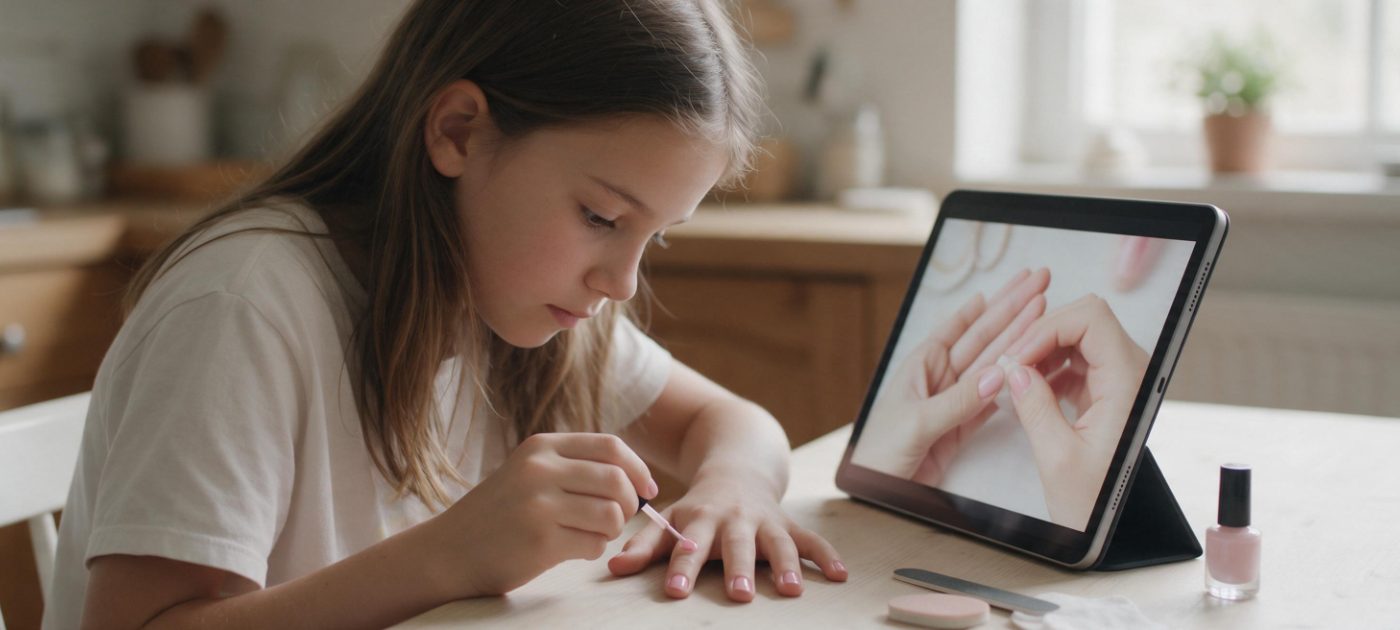 A girl following a nail tutorial on a tablet while painting her own nails at a kitchen table