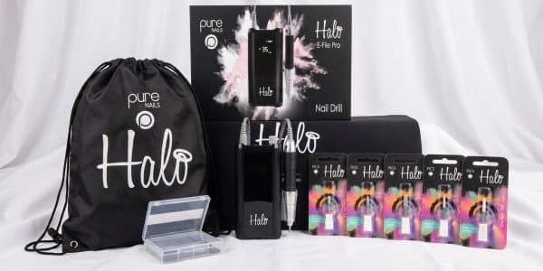 eFile Kit: Halo E-File Pro nail drill by Pure Nails with handpiece, five Halo drill bits, desk mat and storage box