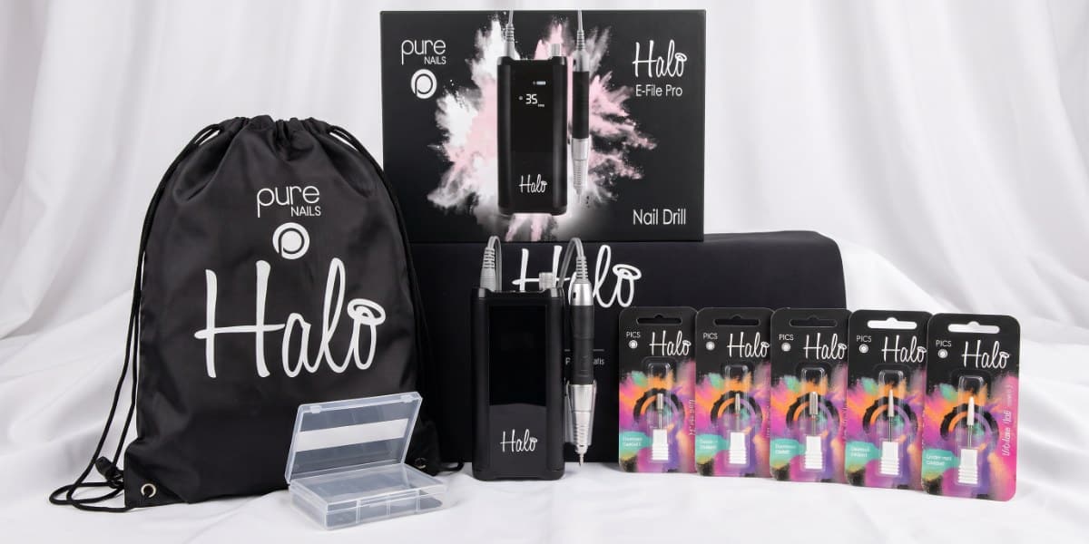 eFile Kit: Halo E-File Pro nail drill by Pure Nails with handpiece, five Halo drill bits, desk mat and storage box