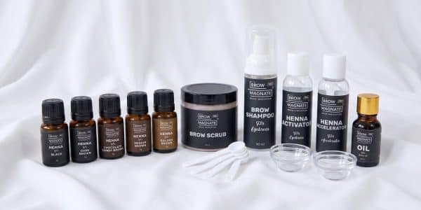 Henna Brow Kit with Brow Magnate henna shades, brow scrub, shampoo, henna activator, accelerator and oil