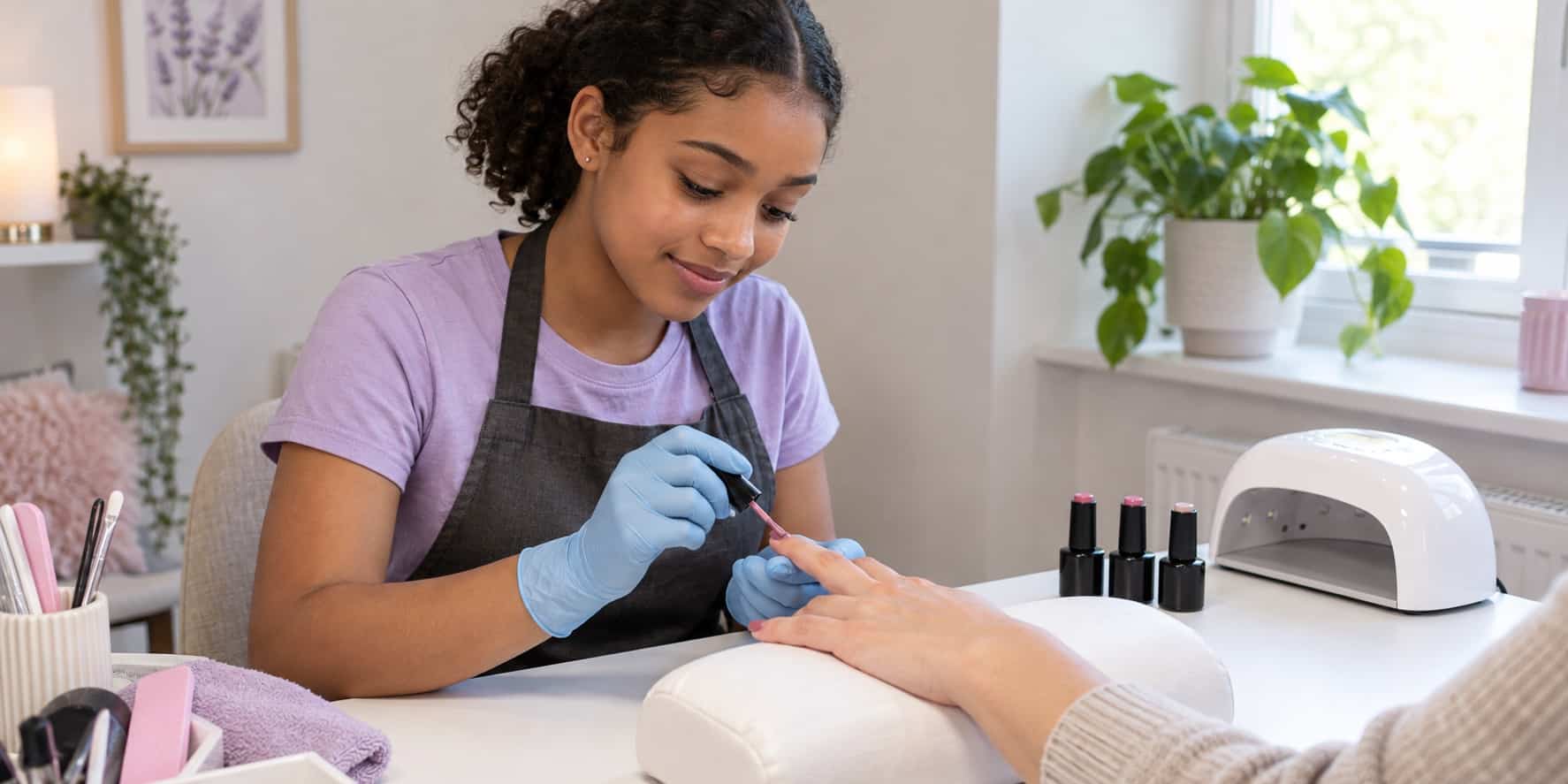 A teenage learner wearing blue gloves applies pink gel polish to an adult practice client’s nails, with an LED nail lamp beside her.