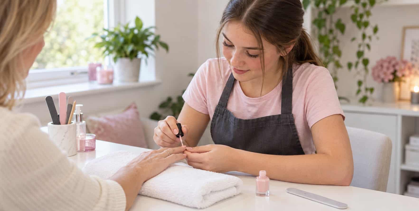 A teenage student carefully applying pink nail polish to an adult practice client’s nails at a home manicure table.